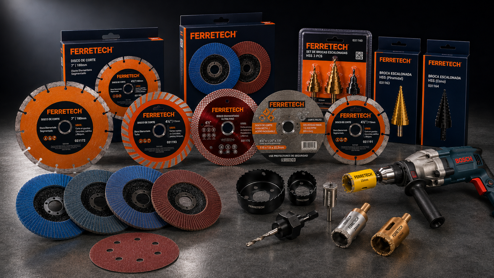 Línea Ferretech: discos diamantados, discos flap, brocas escalonadas, sierras copa y coronas diamantadas